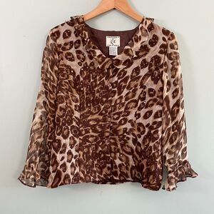 ICE Silk Button Up Blouse Beaded Animal Print Womens Small Whimsigoth Mobwife